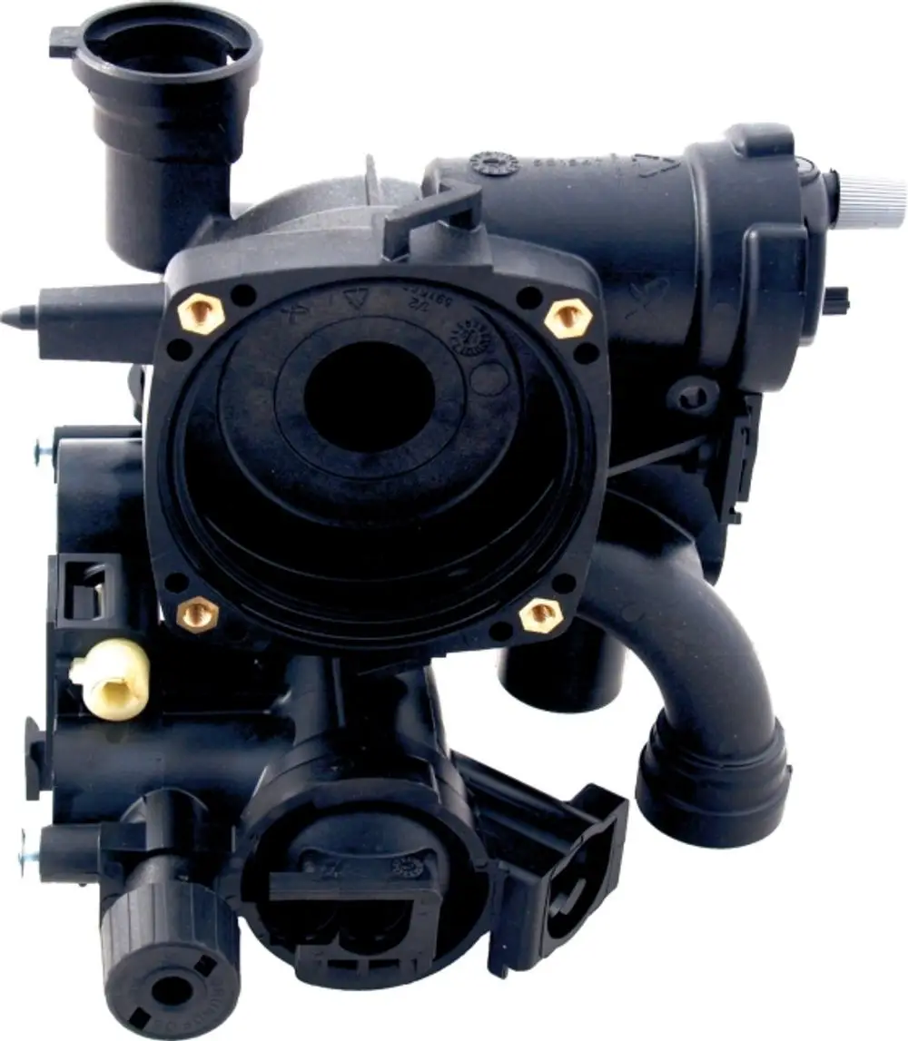 Rücklaufblock der Hydraulikgruppe von Wolf, aus Kunststoff, mit Anschlussdetails und Befestigungselementen. O-Ring und Clip sind im Lieferumfang enthalten.